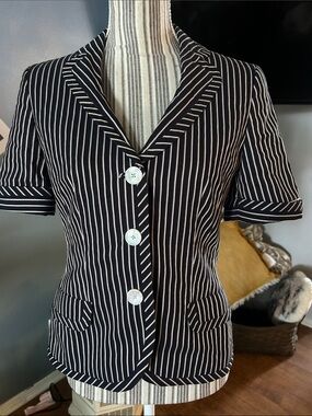 Rena Lange Navy Blue, brown and White Striped Short Sleeve Blazer